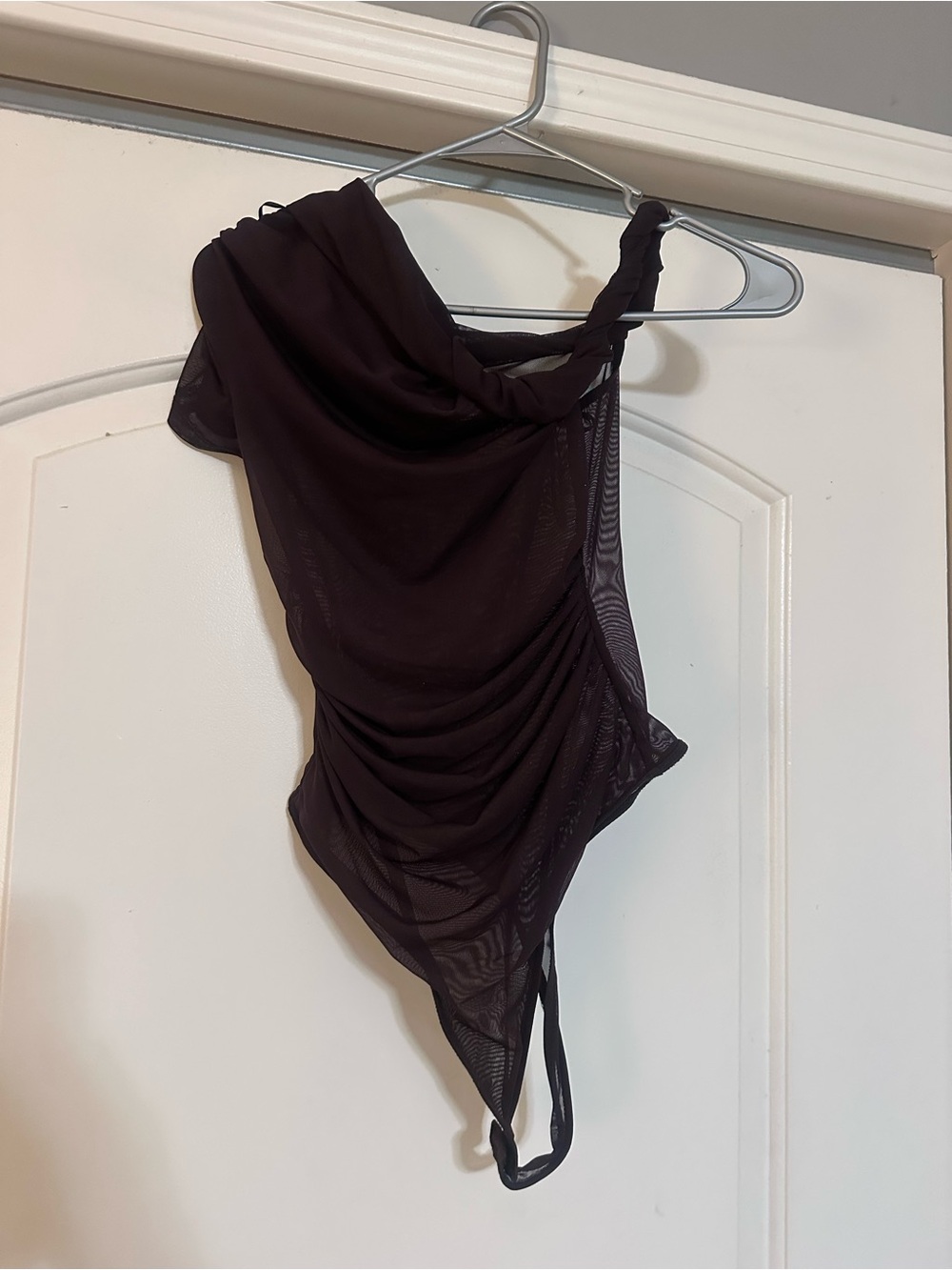 Zara Brown Mesh One-Shoulder Sheer Draped Bodysuit